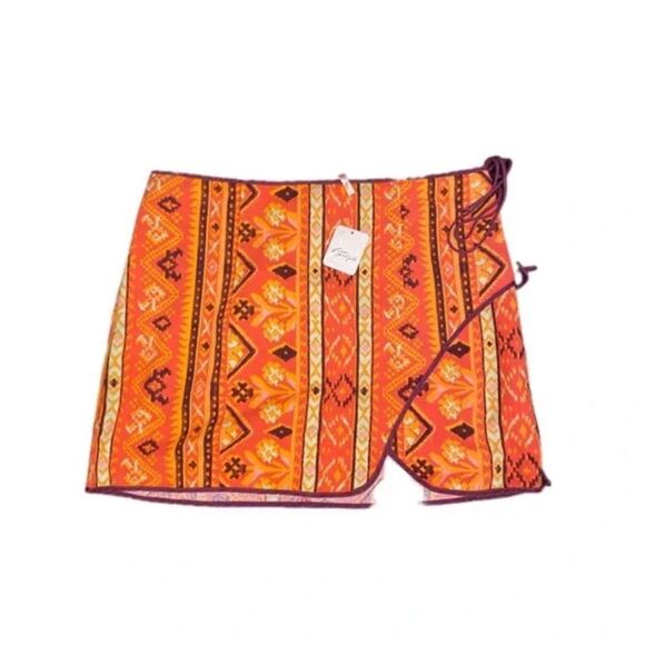 Free People | NWT Cleo Geometric-print Wrap Skirt Rust Combo Boho Aztec | 4 - Picture 2 of 5